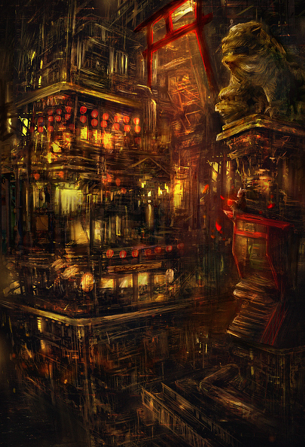 abstract, bad_id, bad_pixiv_id, building, komainu, lantern, no_humans, original