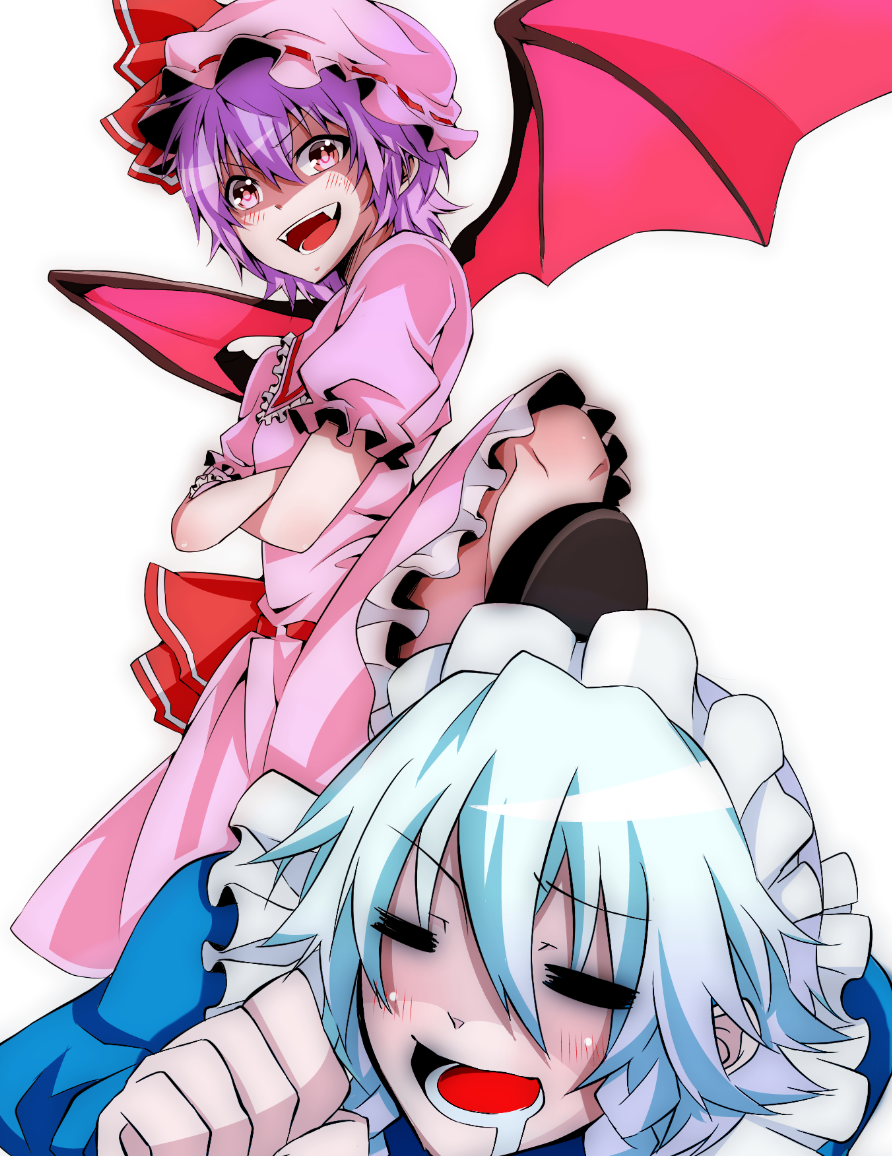 2girls, =_=, bad_id, bad_pixiv_id, bat_wings, blue_dress, closed_eyes, colorized, crossed_arms, dress, drooling, fang, female_focus, femdom, hat, hat_ribbon, izayoi_sakuya, maid, maid_headdress, multiple_girls, open_mouth, pink_dress, pink_eyes, puffy_sleeves, purple_hair, r_waizumi, remilia_scarlet, ribbon, short_sleeves, silver_hair, smile, touhou, tsukigami_chiruyo_(zeroko), wa_(r_waizumi), wings, zerokosan