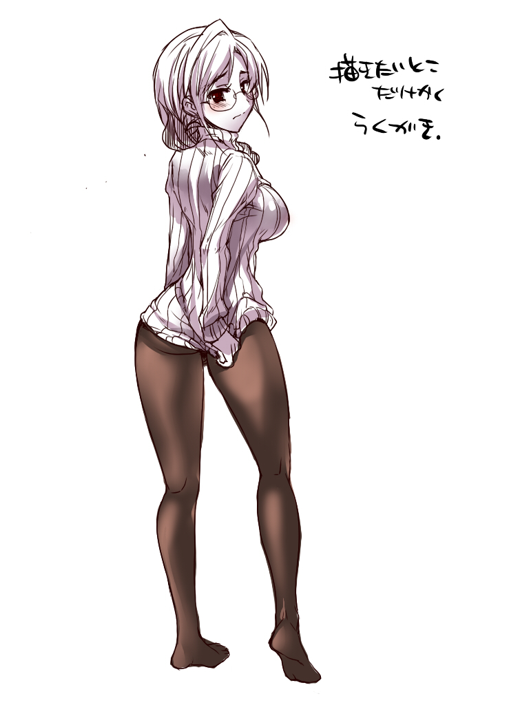 1girl, ahoge, ass, back, blush, breasts, brown_eyes, brown_pantyhose, dress, embarrassed, feet, female_focus, formal_clothes, full_body, glasses, head_tilt, hip_focus, kneepits, legs, long_hair, long_legs, looking_at_viewer, looking_back, original, pantyhose, purple_eyes, ribbed_sweater, short_hair, simple_background, skirt, skirt_suit, solo, standing, suit, sweater, text_focus, thighs, tight_clothes, tight_dress, tokita_monta, white_background, white_hair