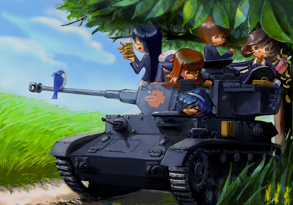 10s, 5girls, akiyama_yukari, anglerfish, bird, black_hair, blue_jacket, blunt_bangs, brown_eyes, brown_hair, caterpillar_tracks, closed_eyes, emblem, fish, girls_und_panzer, hairband, isuzu_hana, jacket, long_hair, long_sleeves, messy_hair, military, military_uniform, military_vehicle, miniskirt, motor_vehicle, multiple_girls, nishizumi_miho, ooarai_(emblem), orange_hair, panzer_iv, pleated_skirt, reizei_mako, short_hair, skirt, sleeping, takebe_saori, tank, tnt_(pixiv), tnt_(tnt8823), vehicle, white_skirt