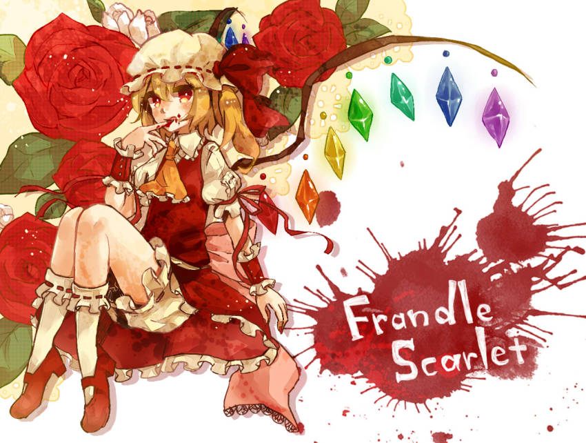 1girl, blonde_hair, blood, blood_splatter, bloomers, bobby_socks, character_name, female_focus
