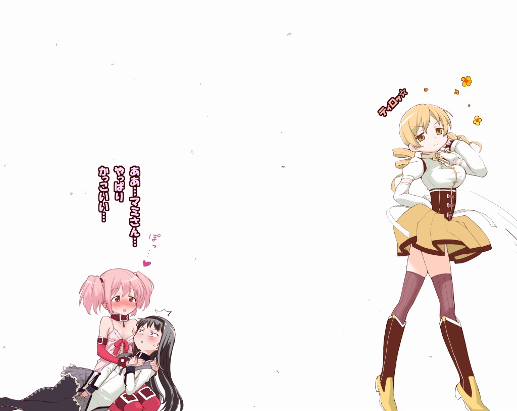 10s, 3girls, ^^^, akemi_homura, akemi_homura_(magical_girl), black_hair, black_legwear, blonde_hair