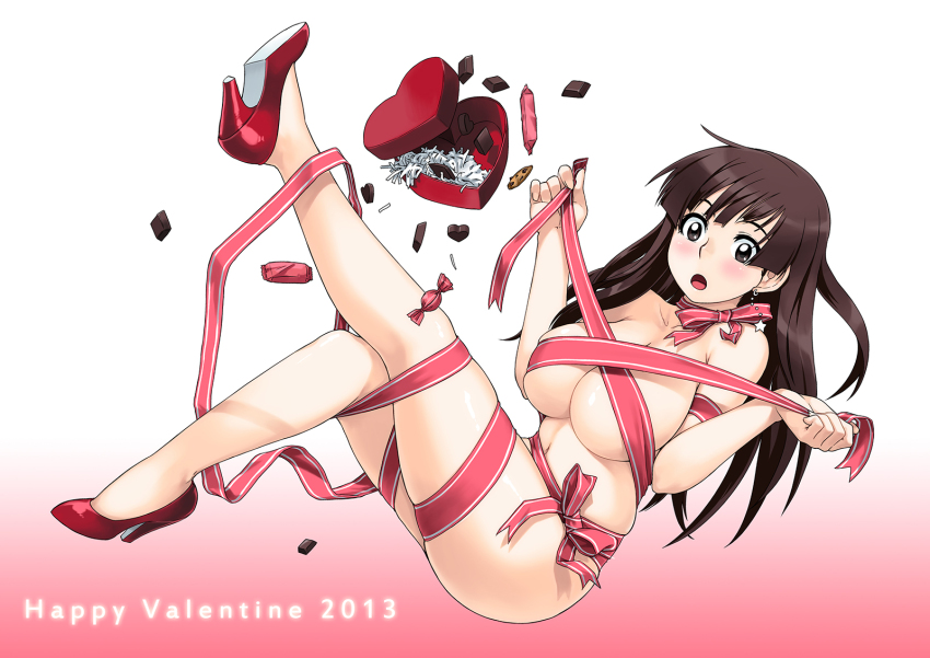 10s, 1girl, 2013, :o, blush, box, breasts, brown_eyes, brown_hair, candy, chocolate, cleavage, earrings, female_focus, food, full_body, fuwari_(ren'ai_shimasen_ka?), gift, gradient_background, happy_valentine, heart, high_heels, highres, jewelry, large_breasts, legs, long_hair, looking_at_viewer, naked_ribbon, navel, nude, open_mouth, ren'ai_shimasen_ka?, ribbon, shoes, solo, star_(symbol), star_earrings, tachibana_midori, tachibana_roku, valentine