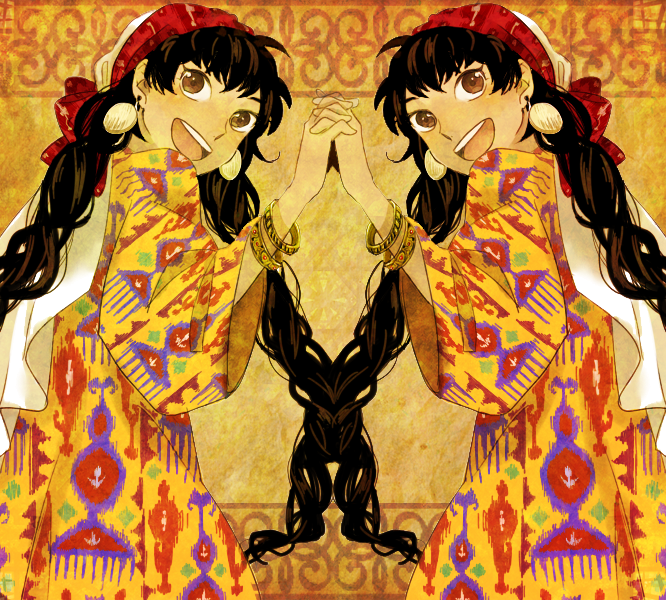 2girls, black_hair, braid, holding_hands, laila_(otoyomegatari), leyla_(otoyomegatari), leyli_(otoyomegatari), long_hair, multiple_girls, otoyomegatari, siblings, sisters, smile, symmetry, twin_braids, twins, yukimo