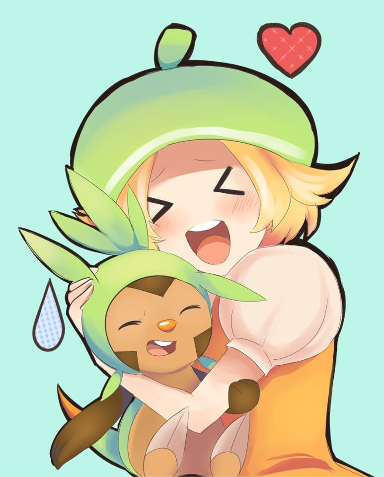 10s, beret, bianca_(pokemon), blonde_hair, chespin, closed_eyes, gen_6_pokemon, hat
