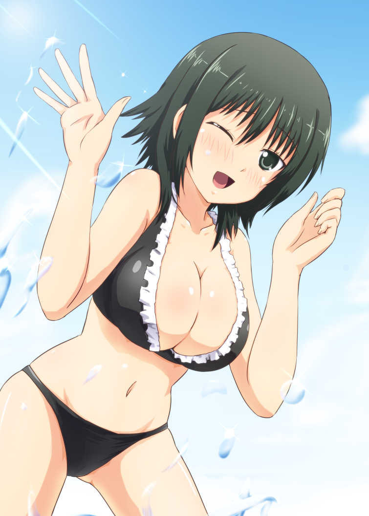 1girl, ;d, atsuko_(minami-ke), bikini, blush, breasts, cleavage, cloud, day, diesel-turbo, female_focus, frills, green_eyes, green_hair, large_breasts, looking_at_viewer, matching_hair/eyes, minami-ke, navel, one_eye_closed, open_mouth, short_hair, sky, smile, solo, sunlight, swimsuit, water, wink