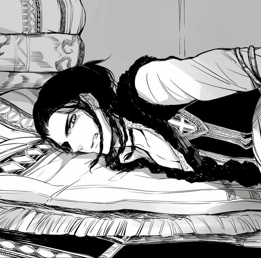 1boy, amore1989, azel_halgal, black_hair, clenched_teeth, lying, male_focus, official_style, otoyomegatari, solo, teeth