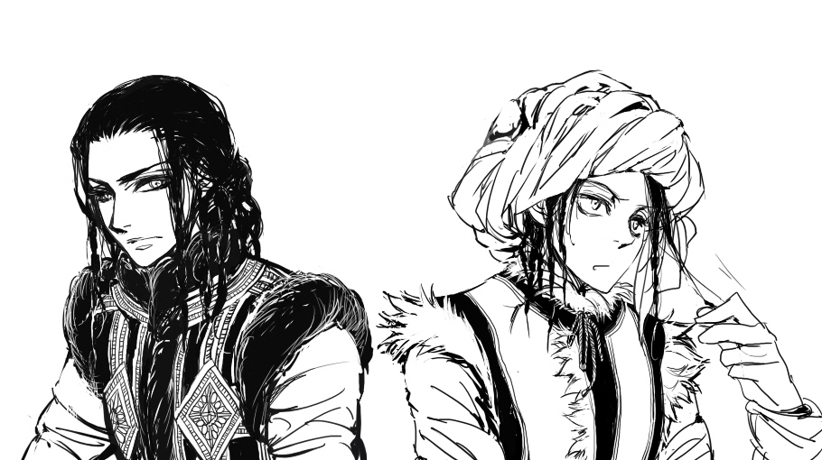 2boys, azel_halgal, bad_id, bad_pixiv_id, black_hair, cousins, fur_trim, greyscale, hat, joruk_halgal, male_focus, monochrome, multiple_boys, otoyomegatari, siji_shiki, traditional_clothes, turban, upper_body, white_background