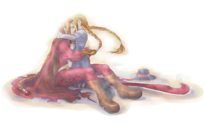 1boy, 1girl, anita_(darkstalkers), bad_id, bad_pixiv_id, blue_dress, boots, braid, brown_hair, capcom, dee_(darkstalkers), dress, full_body, hair_tubes, hat, unworn_hat, unworn_headwear, hetero, hug, kneeling, long_hair, single_braid, sitting, sword, tears, twin_braids, darkstalkers, very_long_hair, wao_n, weapon