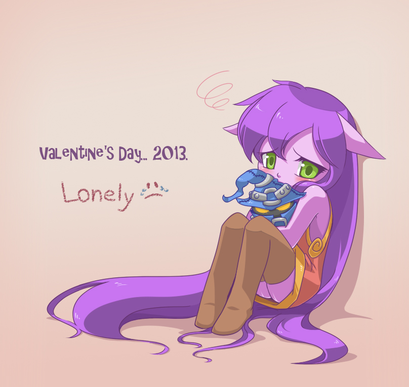 10s, 1boy, 1girl, 2013, blush, boots, colored_skin, english_text, green_eyes, hat, league_of_legends, long_hair, lulu_(league_of_legends), missing_headwear, no_headwear, pale_skin, pointy_ears, purple_hair, purple_skin, sad, sitting, squiggle, stuffed_toy, thigh_boots, thighhighs, valentine, veigar, very_long_hair, yan531