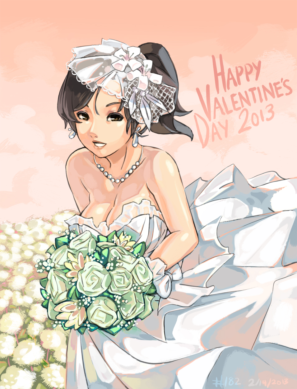 1girl, 2013, bare_shoulders, black_hair, blush, bouquet, breasts, bride