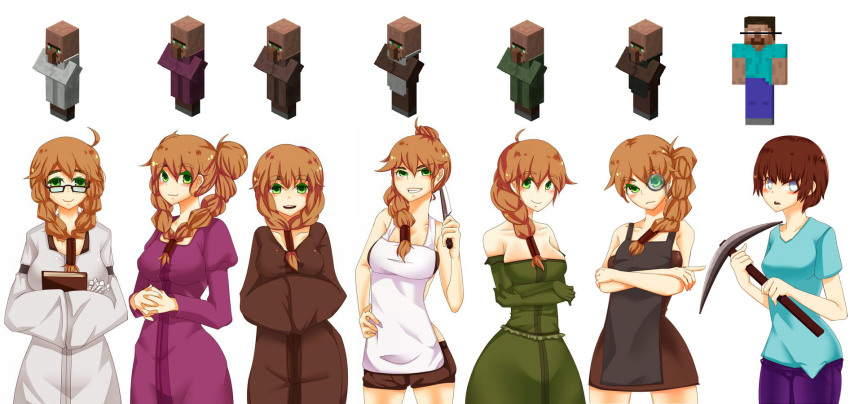 6+girls, at2., brown_hair, gelbooru_sample, glasses, green_eyes, herobrine, image_sample, knife, minecraft, multiple_girls, personification, villager_(minecraft)