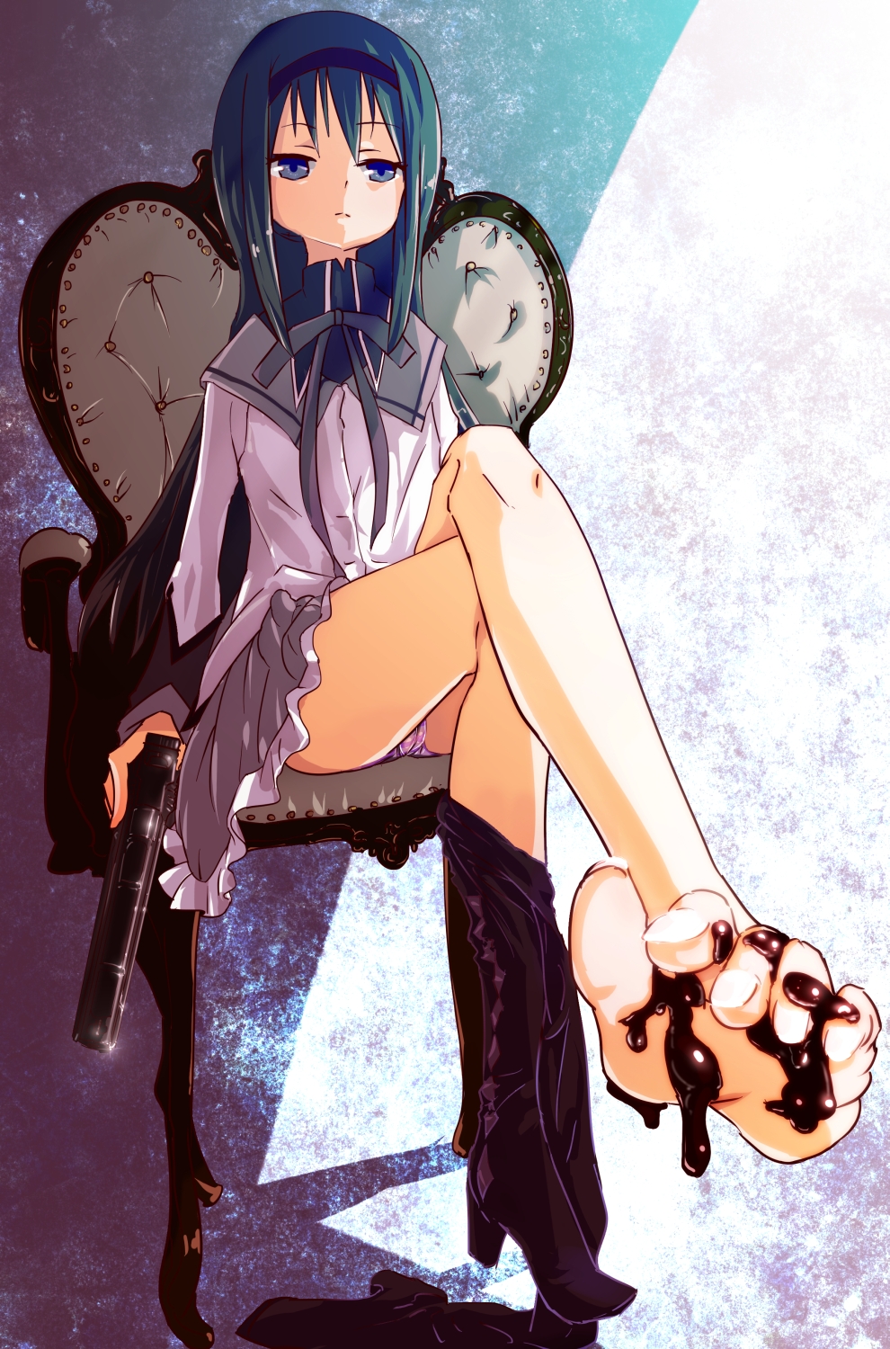 10s, 1girl, akemi_homura, akemi_homura_(magical_girl), barefoot, between_toes, black_hair, cameltoe, chair, chocolate, chocolate_on_foot, clothes_pull, crossed_legs, expressionless, feet, female_focus, femdom, foot_focus, gun, hairband, handgun, highres, long_hair, magical_girl, mahou_shoujo_madoka_magica, mahou_shoujo_madoka_magica_(anime), panties, pantyhose, pantyhose_pull, pantyshot, purple_eyes, sitting, soles, solo, striped_clothes, striped_panties, tera_l, toes, underwear, weapon