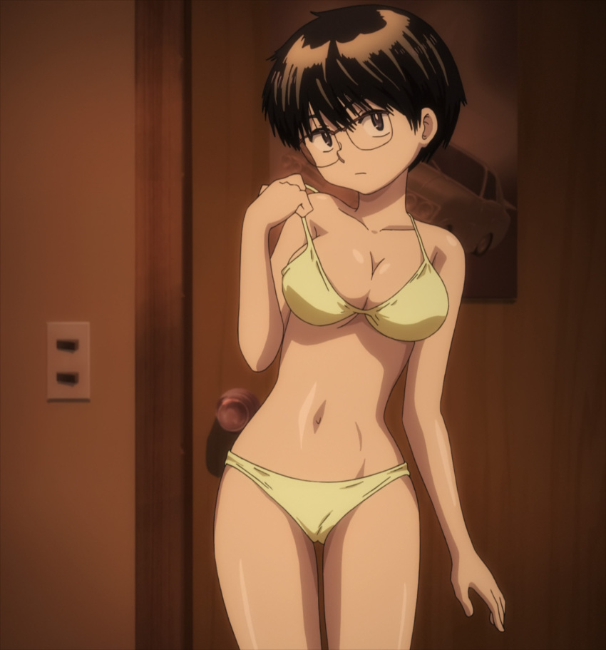 1girl, anime_screenshot, bikini, breasts, brown_eyes, brown_hair, cleavage, female_focus, glasses, highres, large_breasts, nazo_no_kanojo_x, oka_ayuko, short_hair, solo, stitched, swimsuit, thighs, third-party_edit