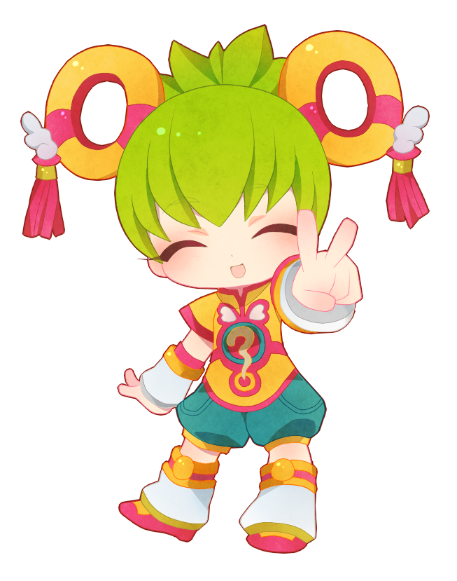 10s, 1girl, ^_^, chibi, chinese_clothes, closed_eyes, detached_sleeves, dragon_kid, female_focus, green_hair, hat, huang_pao-lin, mokaroko, short_hair, shorts, solo, superhero_costume, thighhighs, tiger_&amp;_bunny, v