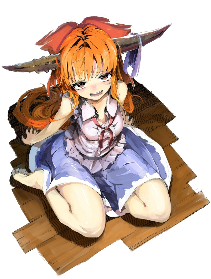 1girl, bad_id, bad_pixiv_id, bare_shoulders, barefoot, bow, brown_eyes, colorized, female_focus, from_above, hair_bow, highres, horns, ibuki_suika, konnanottenaiyo, long_hair, orange_hair, oshake, shirt, sitting, skirt, sleeveless, sleeveless_shirt, smile, solo, touhou, wariza, yokozuwari