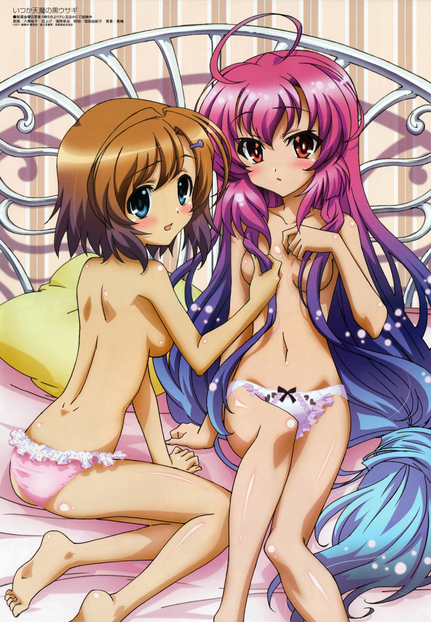 10s, 2girls, absurdres, ahoge, barefoot, blue_eyes, blue_hair, blush, breasts, feet, highres, itsuka_tenma_no_kuro_usagi, long_hair, magazine_scan, megami_magazine, multicolored_hair, multiple_girls, official_art, open_mouth, panties, pink_hair, purple_hair, red_eyes, ribbon, saito_himea, scan, shigure_haruka, short_hair, smile, soles, toes, underwear, very_long_hair