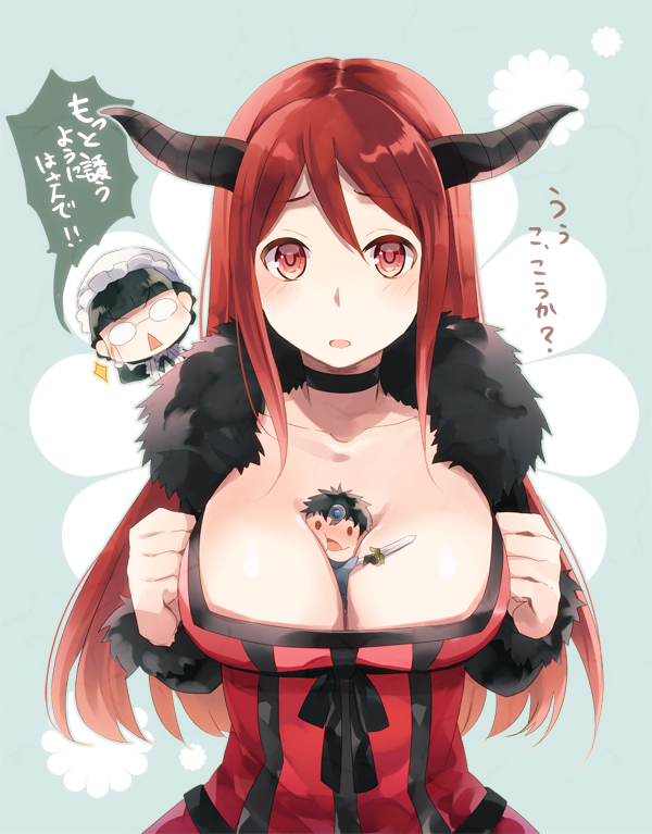 10s, 1boy, 2girls, 88_(kimidori_midori), bad_id, bad_pixiv_id, between_breasts, breasts, chibi, choker, cleavage, dress, glasses, hachihachi, horns, huge_breasts, large_breasts, long_hair, looking_at_viewer, maid-chou_(maoyuu), maou_(maoyuu), maoyuu_maou_yuusha, multiple_girls, tokashiki, yuusha_(maoyuu)