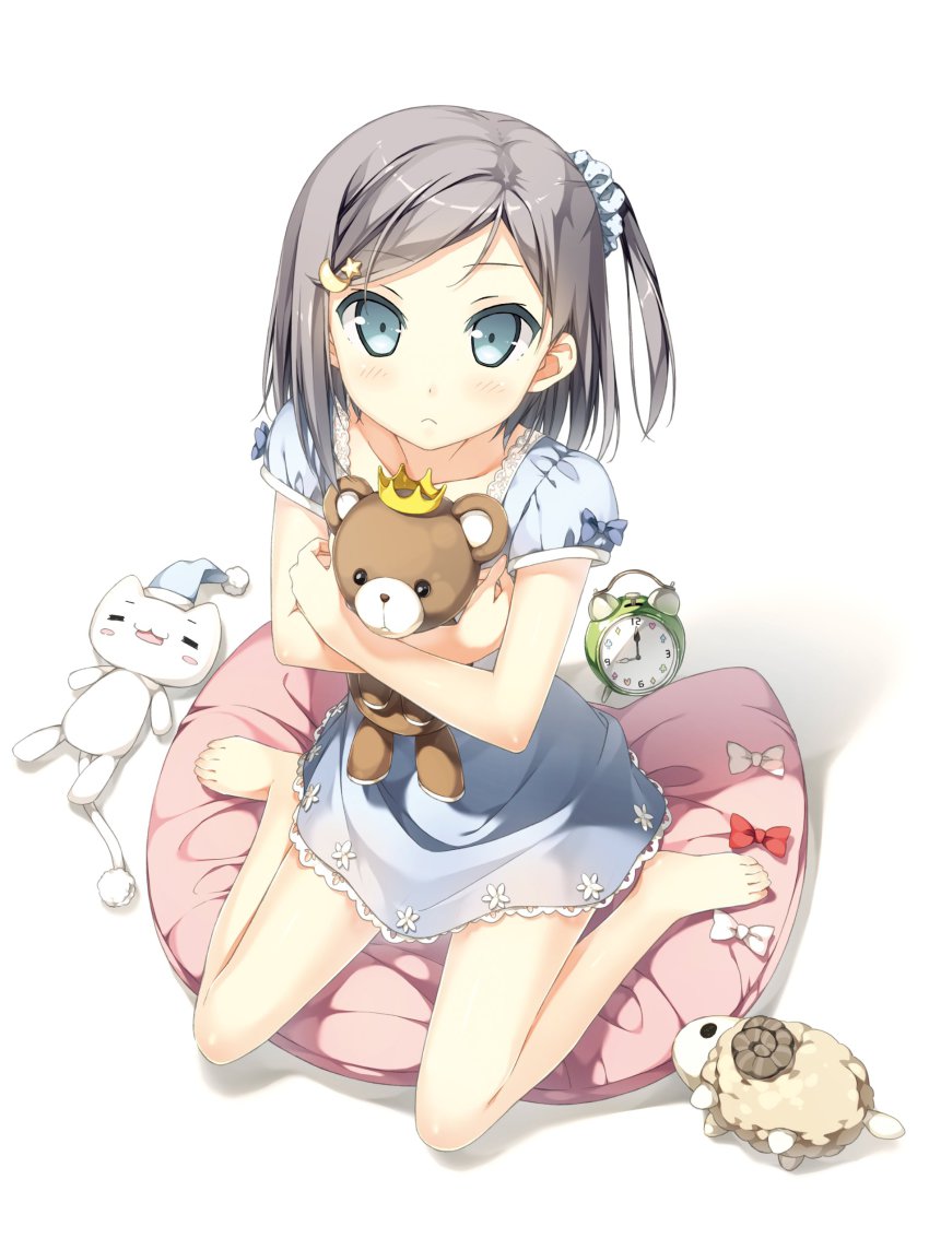 10s, 1girl, :<, absurdres, alarm_clock, barefoot, blue_skirt, clock