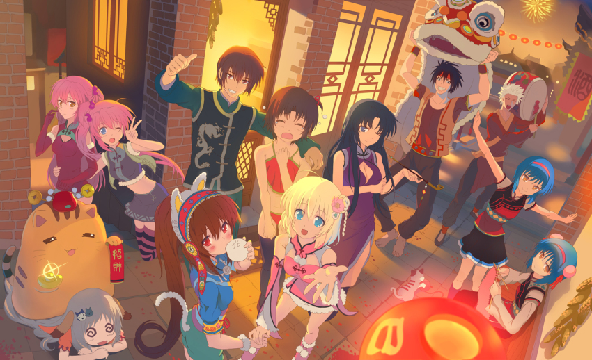 4boys, 6+girls, animal_ears, cat, cat_ears, chinese_clothes, chinese_new_year, crossdressing