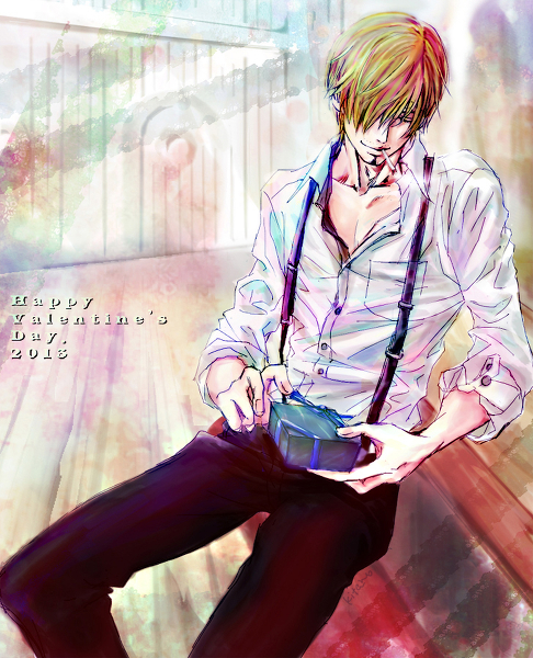 10s, 1boy, 2013, blonde_hair, box, cigarette, hair_over_one_eye, image_sample, kitano_(no_name), male_focus, one_piece, open_collar, pixiv_sample, resized, sanji_(one_piece), shirt, smoking, solo, suspenders, valentine, white_shirt