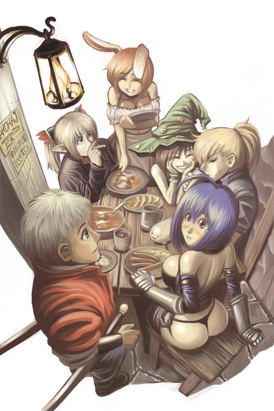 2boys, 4girls, ahoge, animal_ears, ass, bar_(place), blonde_hair, blue_hair