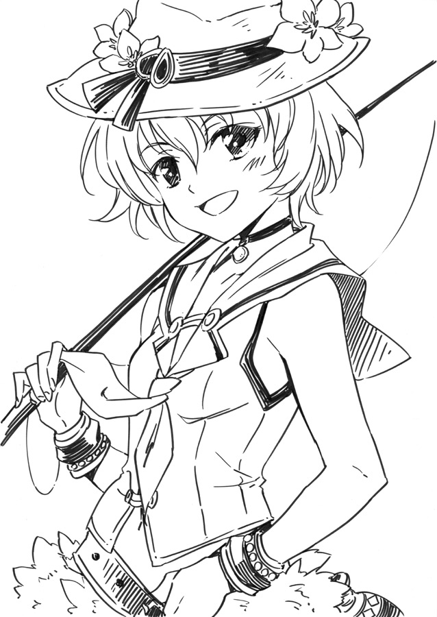 1girl, agahari, female_focus, greyscale, hat, ion_(rune_factory), monochrome, open_mouth