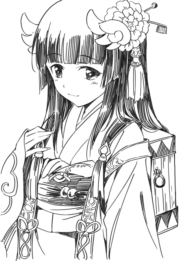 1girl, agahari, character_request, female_focus, flat_chest, greyscale, long_hair, monochrome
