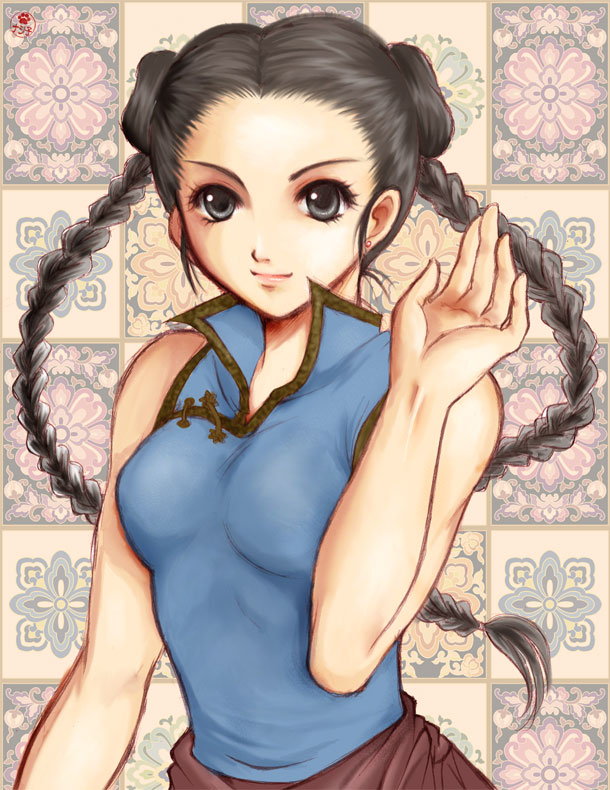 1girl, black_hair, blue_eyes, braid, breasts, chinese_clothes, double_bun, donut_hair_bun, earrings, female_focus, hair_bun, jewelry, long_hair, nashiko_(tinyrelation), pai_chan, popped_collar, smile, solo, stud_earrings, twin_braids, virtua_fighter