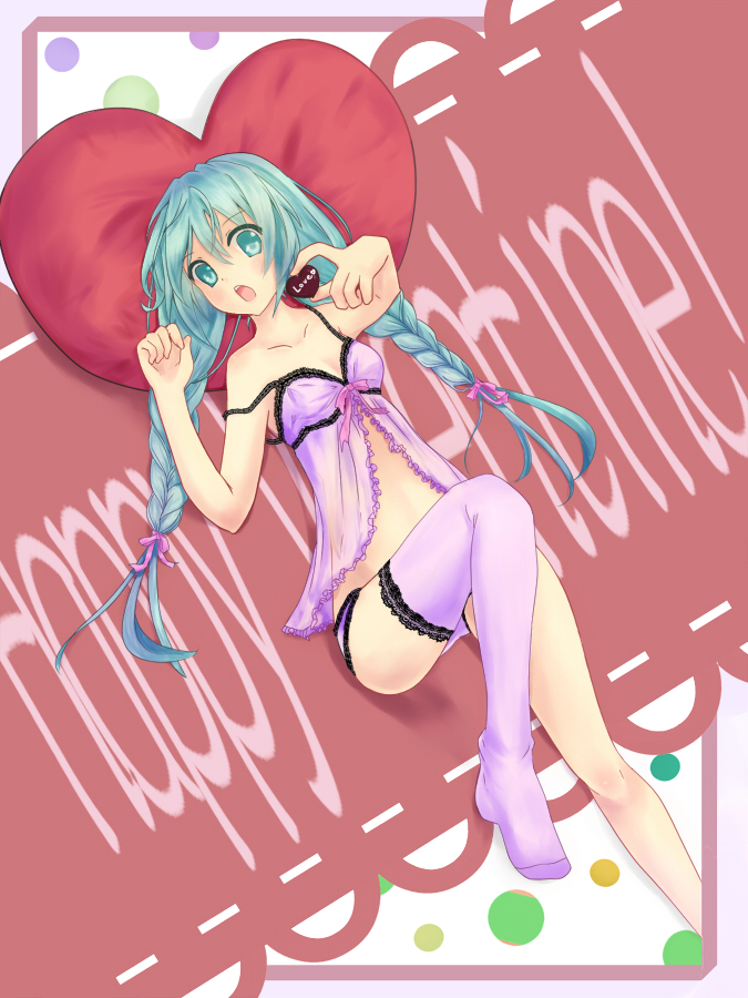 1girl, aqua_eyes, aqua_hair, babydoll, braid, female_focus, hatsune_miku, heart, ikumiy, lace, lace-trimmed_legwear, lace_trim, long_hair, open_mouth, panties, purple_thighhighs, single_thighhigh, solo, strap_slip, thighhighs, twin_braids, underwear, valentine, vocaloid