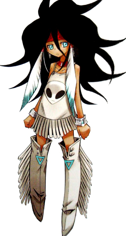 1girl, alien, blue_eyes, long_hair, lowres, native_american, patch_tribe, rutherford, shaman_king, tagme