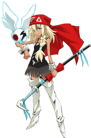 1girl, alumi_niumbirch, bandana, black_dress, blonde_hair, boots, dark_skin, dress, holding, holding_sword, holding_weapon, looking_at_viewer, lowres, official_art, patch_tribe, shaman_king, smile, spirit, sword, takei_hiroyuki, weapon