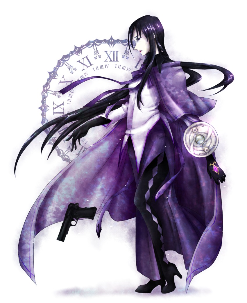 10s, 1girl, aged_up, akemi_homura, akemi_homura_(magical_girl), argyle_clothes, argyle_thighhighs, black_boots, black_hair, black_pantyhose, boots, cloak, clock, female_focus, gun, high_heel_boots, high_heels, highres, lipstick, long_hair, looking_at_viewer, looking_down, magical_girl, mahou_shoujo_madoka_magica, mahou_shoujo_madoka_magica_(anime), makeup, pale_skin, pantyhose, profile, purple_theme, ribbon, sad, sanctuary-of-apricot, shield, solo, soul_gem, thigh_boots, thighhighs, very_long_hair, weapon