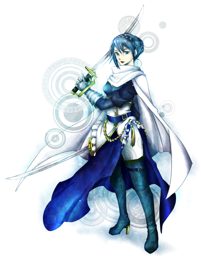 10s, 1girl, aged_up, alternate_hairstyle, belt, blue_boots, blue_eyes, blue_hair, blue_theme, boots, cape, cloak, dual_wielding, female_focus, gauntlets, high_heel_boots, high_heels, highres, holding, lipstick, looking_at_viewer, magical_girl, mahou_shoujo_madoka_magica, mahou_shoujo_madoka_magica_(anime), makeup, matching_hair/eyes, miki_sayaka, miki_sayaka_(magical_girl), multiple_swords, pants, sanctuary-of-apricot, serious, solo, sword, thigh_boots, thighhighs, weapon