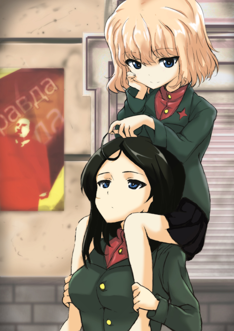 10s, 2girls, bad_id, bad_pixiv_id, black_hair, black_skirt, blonde_hair, blue_eyes, carrying, cyrillic, girls_und_panzer, green_jacket, jacket, katyusha_(girls_und_panzer), long_sleeves, looking_down, looking_up, military, military_uniform, miniskirt, multiple_girls, nanai, nonna_(girls_und_panzer), playing_with_another's_hair, playing_with_hair, pleated_skirt, red_shirt, russian_text, school_uniform, shirt, short_hair, shoulder_carry, skirt, smile, turtleneck, vladimir_lenin