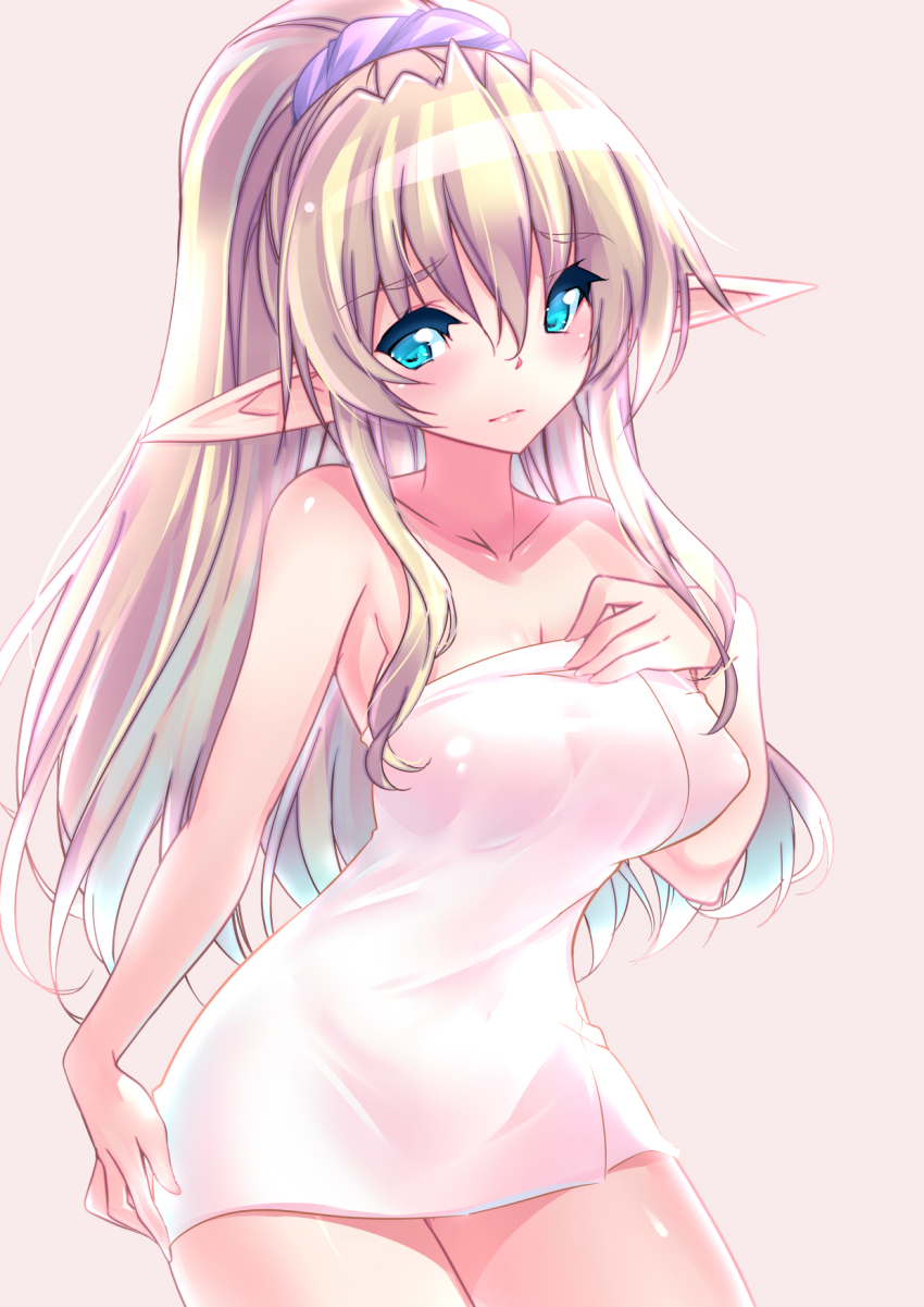 1girl, blonde_hair, blue_eyes, blush, breasts, collarbone, contrapposto, cowboy_shot