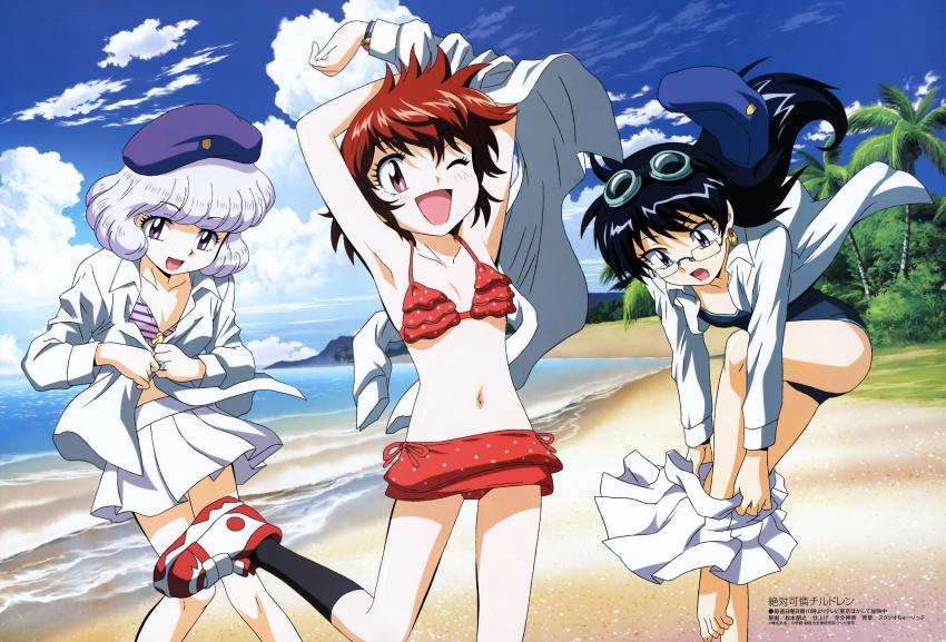 3girls, :d, :o, ;d, absurdres, akashi_kaoru, armpits, arms_up, barefoot, beach, bent_over, beret, bikini, bikini_skirt, black_hair, black_socks, blue_eyes, blush, bush, casual_one-piece_swimsuit, clothes_pull, cloud, curly_hair, dress_shirt, earrings, feet, flat_chest, floating_hair, frilled_bikini, frills, glasses, goggles, goggles_on_head, hat, highres, jewelry, kneehighs, leg_lift, long_hair, looking_at_viewer, looking_down, matsumoto_tomoyuki, megami_magazine, midriff, miniskirt, mountain, multiple_girls, navel, nogami_aoi, ocean, official_art, one-piece_swimsuit, one_eye_closed, open_clothes, open_mouth, open_shirt, palm_tree, pleated_skirt, polka_dot, polka_dot_bikini, polka_dot_swimsuit, purple_eyes, red_hair, rimless_eyewear, ring, sannomiya_shiho, scan, school_uniform, shirt, shoes, short_hair, side-tie_bikini_bottom, sink, skirt, skirt_pull, sky, smile, sneakers, socks, spiked_hair, standing, standing_on_one_leg, striped_bikini, striped_clothes, swimsuit, swimsuit_under_clothes, tree, undressing, unworn_hat, unworn_headwear, watch, water, white_hair, wink, wristwatch, zettai_karen_children