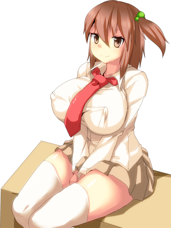1girl, breasts, brown_eyes, brown_hair, covered_erect_nipples, female_focus, hair_bobbles, hair_ornament, huge_breasts, miniskirt, necktie, nira, original, ponytail, school_uniform, shirt, short_ponytail, side_ponytail, simple_background, sitting, skirt, solo, thighhighs, thighs, white_background, white_thighhighs