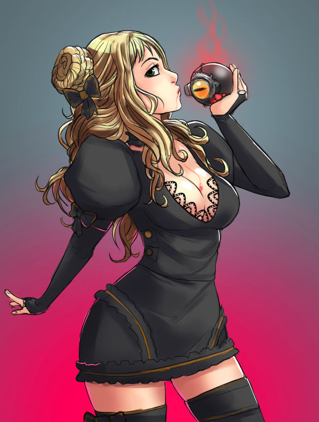 1girl, blonde_hair, breasts, bridal_gauntlets, cleavage, cowboy_shot, double_bun, drawfag