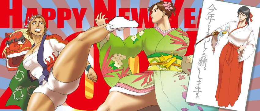 10s, 2013, 3girls, ankle_socks, bike_shorts, black_eyes, black_hair, breast_bind, brown_eyes, brown_hair, chinese_zodiac, clenched_teeth, dragon, fighting_stance, flower, guan_cai-he, hair_flower, hair_ornament, hair_ribbon, hair_up, headband, highres, japanese_clothes, katana, kicking, kimono, liu_mei-xing, mature_female, multiple_girls, muscular, nappii_(nappy_happy), new_year, open_clothes, original, print_kimono, ribbon, sarashi, sash, short_hair, snake, snake_(chinese_zodiac), socks, sword, tan, teeth, text_focus, thick_thighs, thighs, weapon, zhang_yan-hua