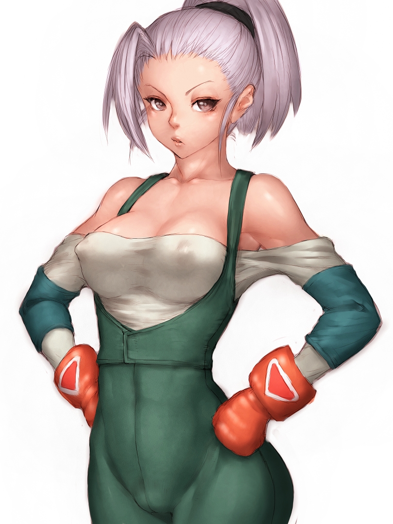 1girl, bare_shoulders, breasts, brown_eyes, cameltoe, covered_erect_nipples, epon, female_focus, fumio_(rsqkr), gloves, hands_on_own_hips, large_breasts, lips, overalls, ponytail, purple_hair, short_hair, silver_hair, simple_background, solo, square_enix, tobal, tobal_no._1, white_background, wide_hips