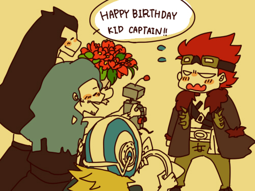 4boys, birthday, blonde_hair, chibi, gift, goggles, goggles_on_head, heat_(one_piece)