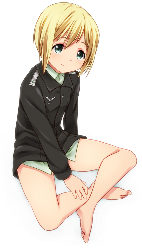 1girl, barefoot, blonde_hair, erica_hartmann, feet, female_focus, green_eyes, indian_style, koriina, long_sleeves, military, military_uniform, short_hair, sitting, smile, soles, solo, strike_witches, toes, world_witches_series