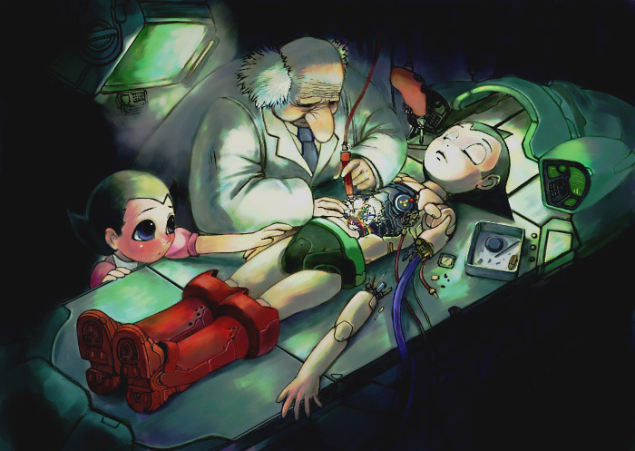 1960s_(style), 1970s_(style), 1980s_(style), 1girl, 2boys, android, atom_(tetsuwan_atom), bald, damaged, dark, kodansha, kokuriu, lab_coat, mecha, mechabare, medical, multiple_boys, oldschool, ochanomizu_hiroshi, retro_artstyle, robot, sad, surgery, tetsuwan_atom, uran_(tetsuwan_atom), white_hair