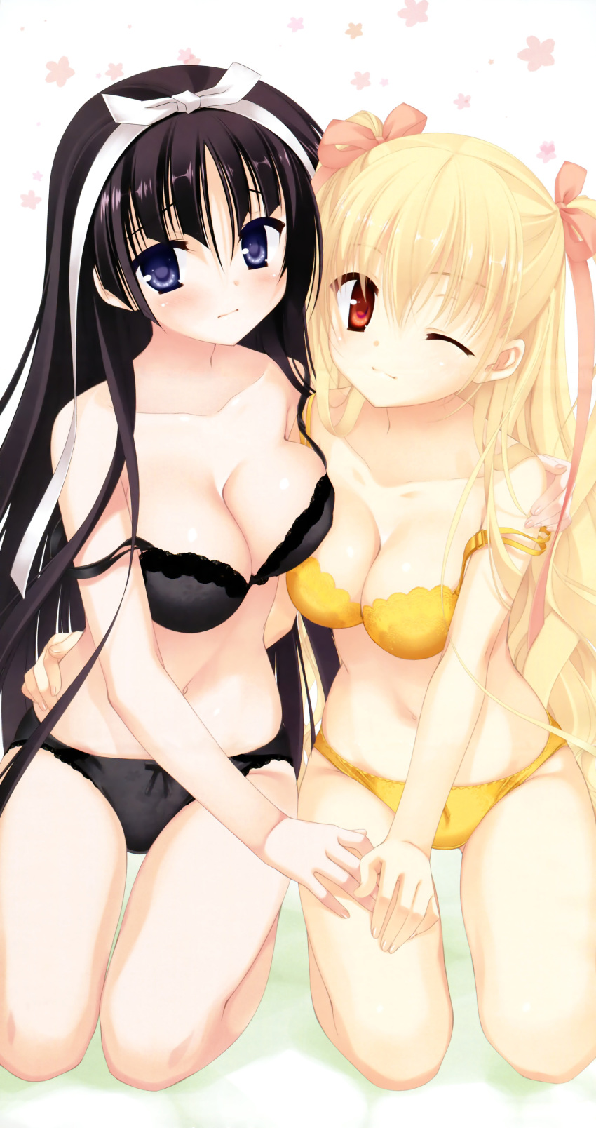 2girls, ;), absurdres, black_bra, black_hair, black_panties, blonde_hair, blue_eyes