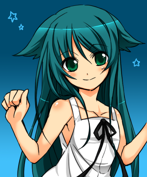 1girl, bare_shoulders, blush, dress, female_focus, flat_chest, green_eyes, green_hair, hair_flaps, long_hair, matching_hair/eyes, puchi-pochi, saya_(saya_no_uta), saya_no_uta, smile, solo, very_long_hair, white_dress