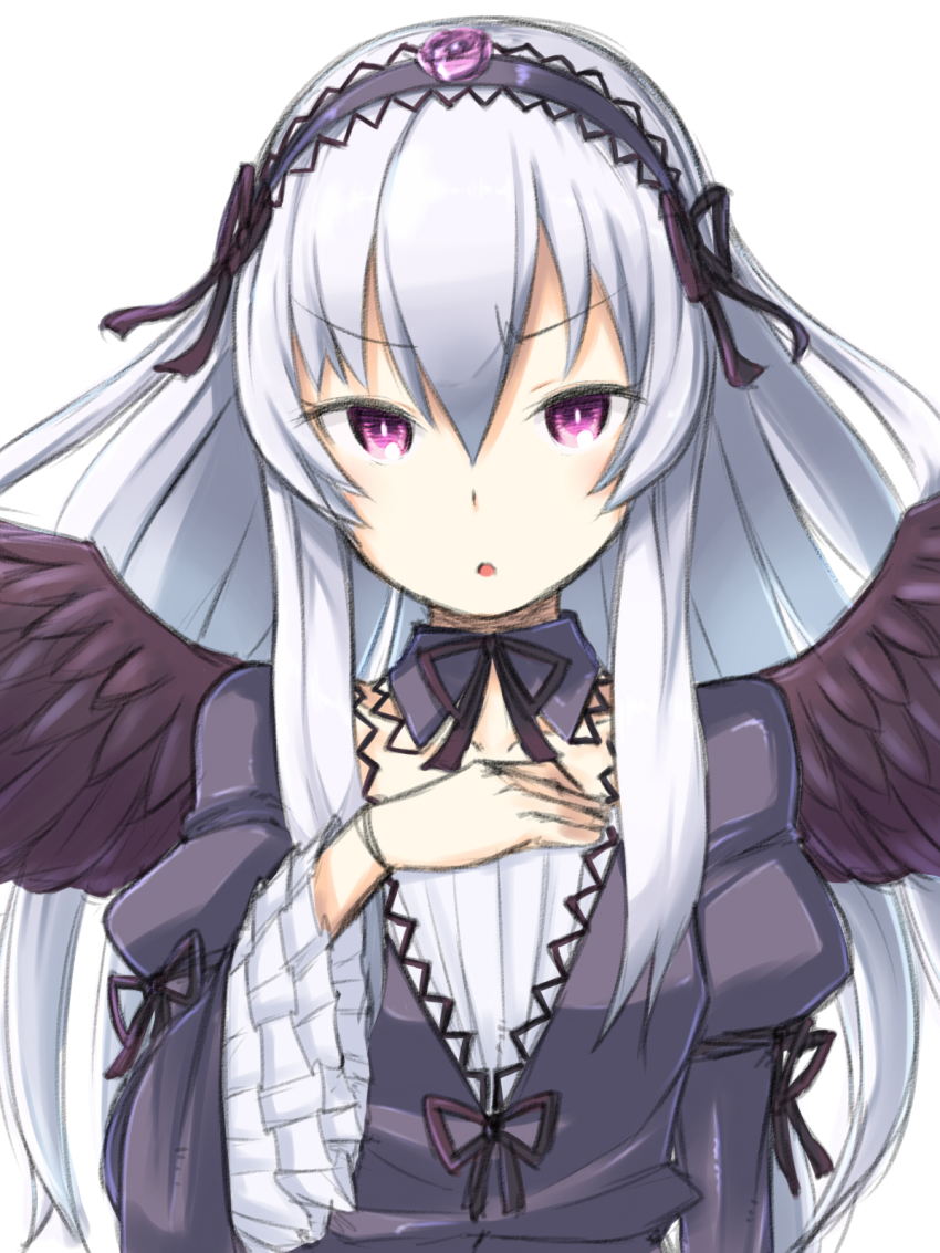 00s, 1girl, :o, black_wings, blush, detached_collar, female_focus, gothic_lolita