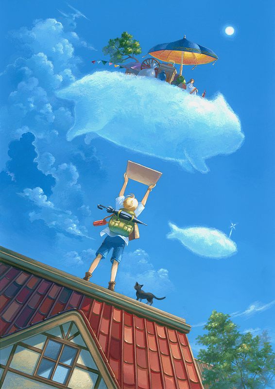 1boy, 1girl, backpack, bag, blonde_hair, cat, cloud, day, denim, denim_shorts, hitchhiking, looking_up, original, rooftop, sack, shorts, sign, sitting, suijyo_ai, sun, traditional_media, tree, umbrella, window