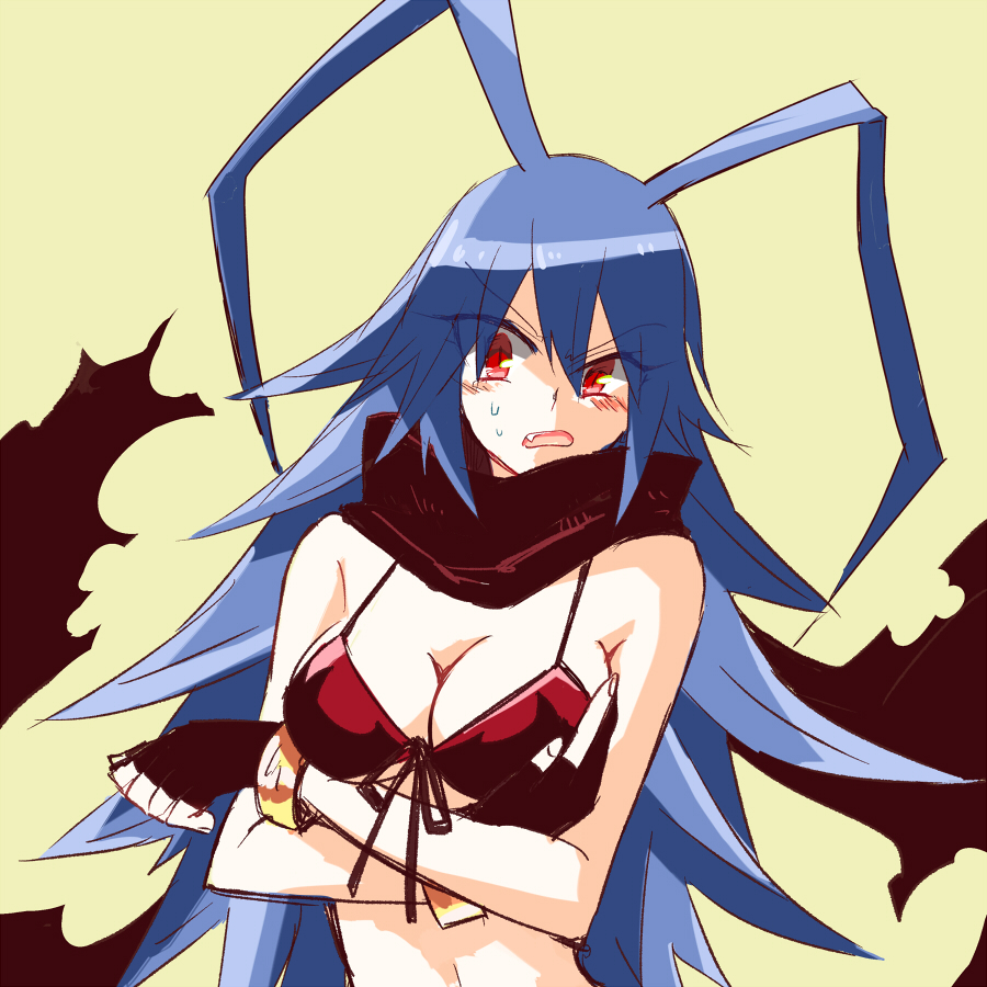 bikini, bikini_top_only, blue_hair, breasts, demon_girl, disgaea, disgaea_d2, gamaruta, gender_request, genderswap, gloves, laharl, laharl-chan, long_hair, swimsuit