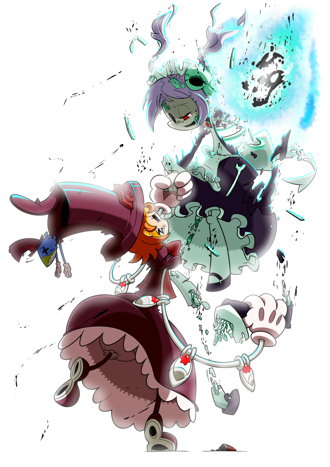 2girls, apron, ashes, avery_(skullgirls), bloody_marie_(skullgirls), bloomers, bone, cigar, demonboy, digital_dissolve, extra_eyes, gloves, grey_hair, hair_ornament, hat, highres, holding_hands, kuchibashi_(9180), maid, maid_apron, maid_headdress, mary_janes, mechanical_arms, multiple_girls, orange_hair, pantyhose, peacock_(skullgirls), red_eyes, sharp_teeth, shoes, short_hair, skeleton, skull, skull_hair_ornament, skull_heart, skullgirls, skullgirls_2nd_dlc_character_poll, spoilers, tears, teeth, top_hat, twintails, underwear, white_gloves, white_hair, white_legwear, x_x